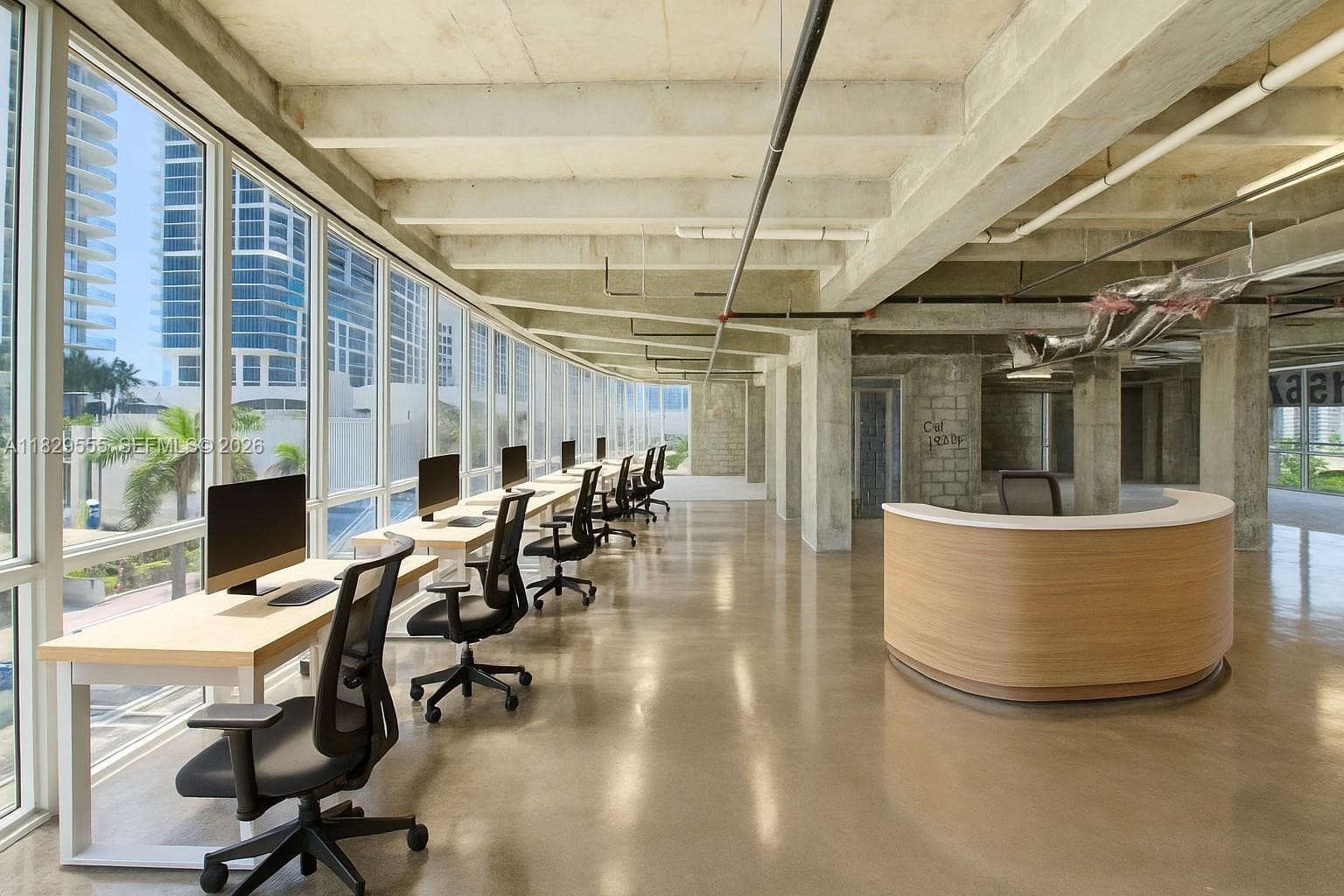 Example rendering conceptual of finished office build out.  Design either enclosed or open floor plans.